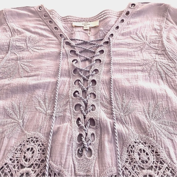 Lilac Tunic Top S/M Floral Cotton Lace-up Embroidered Crochet Blouse Flowy - Picture 6 of 15